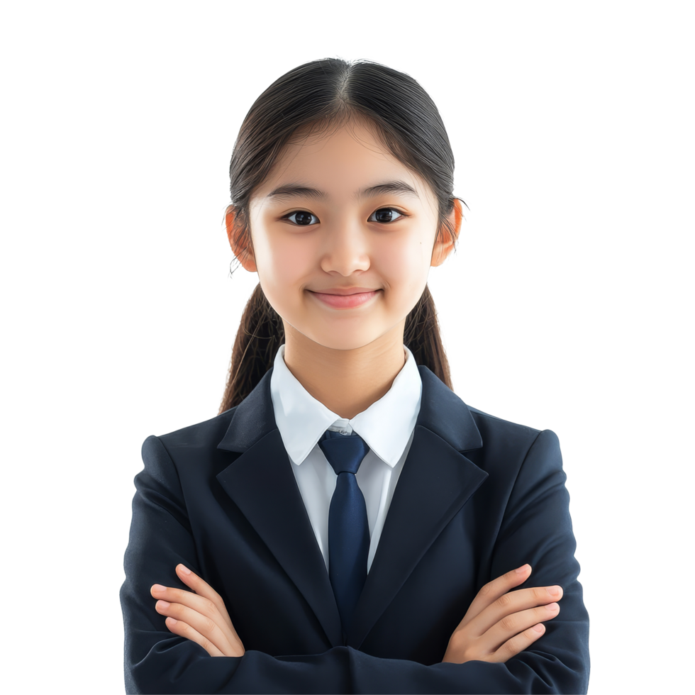 Happy young Asian student girl wearing a suit and tie, confidently smiling with arms crossed in a school setting, Portrait of Happy young Asian student girl in school uniform isolated transparent png