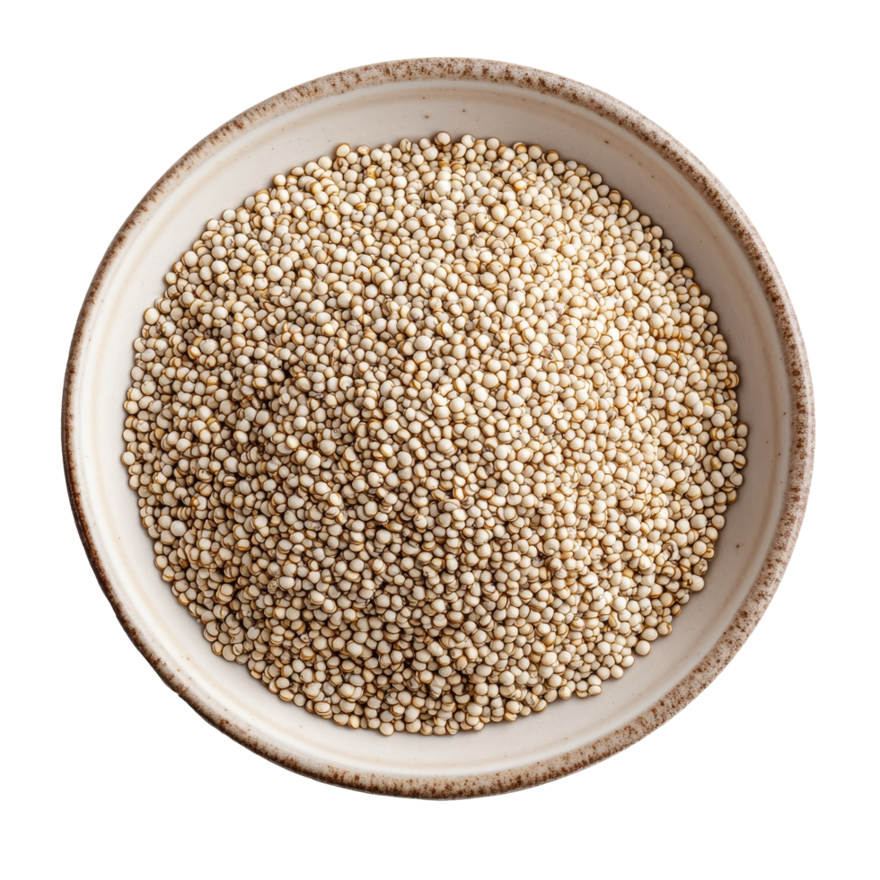 Quinoa seeds arranged beautifully in a round plate on a clean transparent background showcasing their natural texture, Quinoa seeds in plate on transparent background png