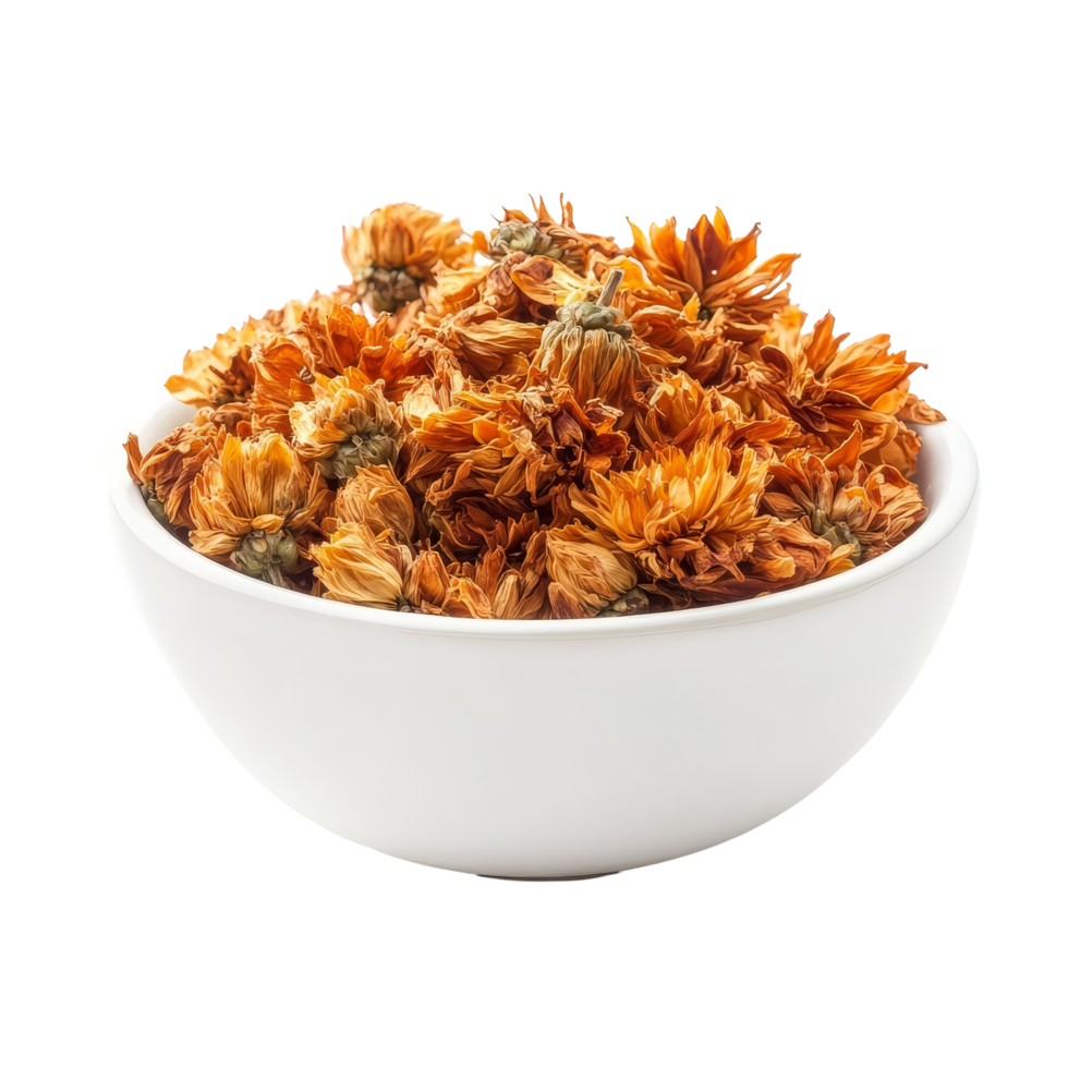 Dried chrysanthemum flowers in a transparent bowl on a soft background with natural lighting, dried chrysanthemum flowers in transparent bowl isolated on transparent background png