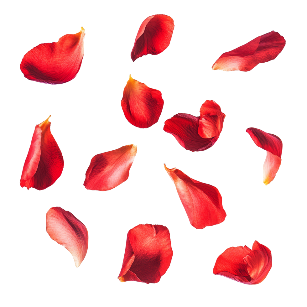 Red petals gently floating in the air against a bright transparent background, capturing a serene and delicate moment, Various red petals floating on the air isolated on transparent backgroud png
