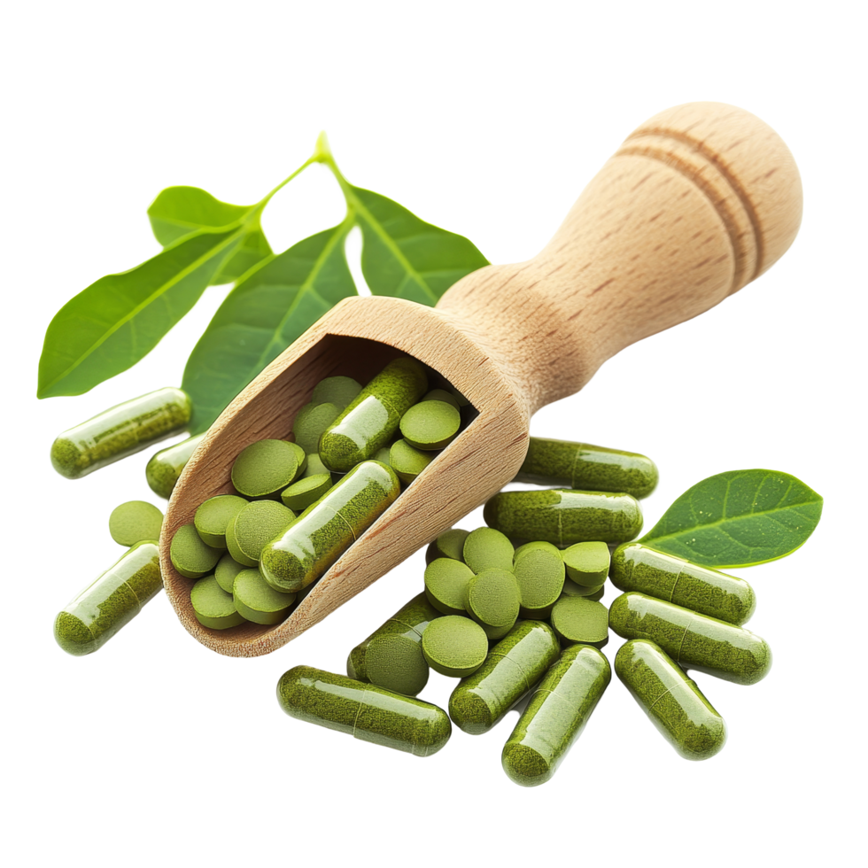 Moringa capsules in a wooden scoop surrounded by green leaves on a transparent background, Moringa capsules in the scoop on transparent background png