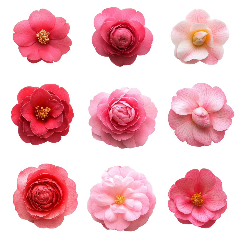 A beautiful arrangement of various camellia flowers viewed from above in shades of pink and red on a transparent background, various single camellia flower top view and with isolated on transparent png