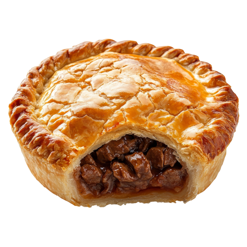 Golden brown beef pie filled with tender meat on a clean, transparent background, pie filled beef isolated on transparent background png