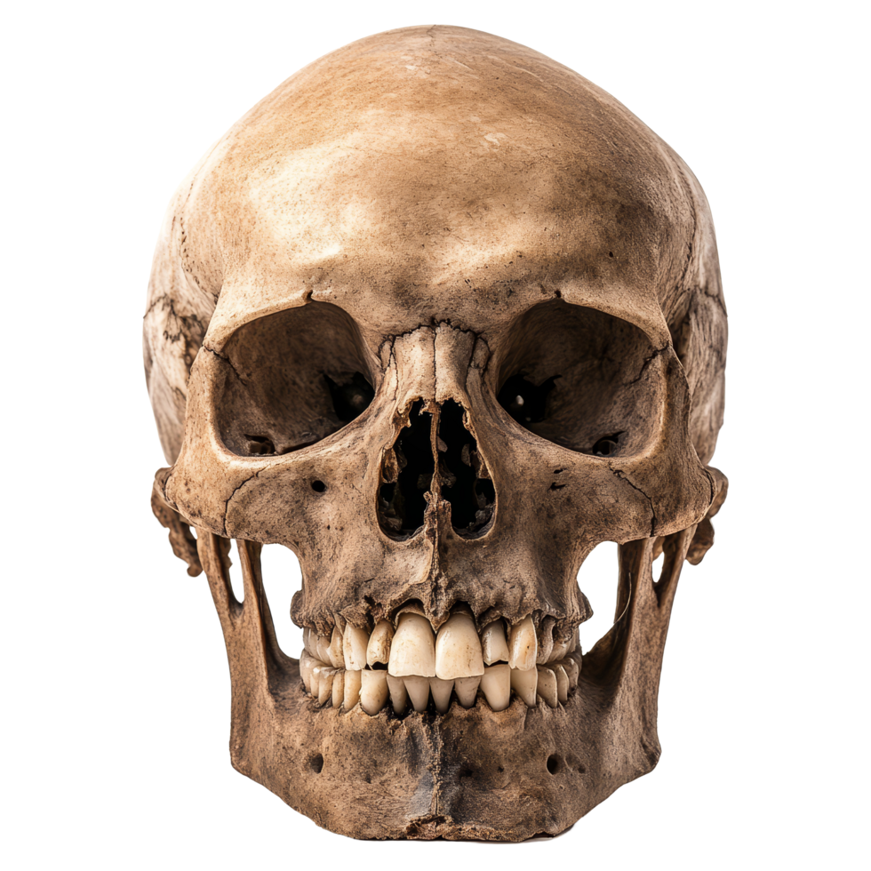 A human skull isolated on a transparent background highlighting unique anatomical features, A Human Skull Isolated on a transparent background png