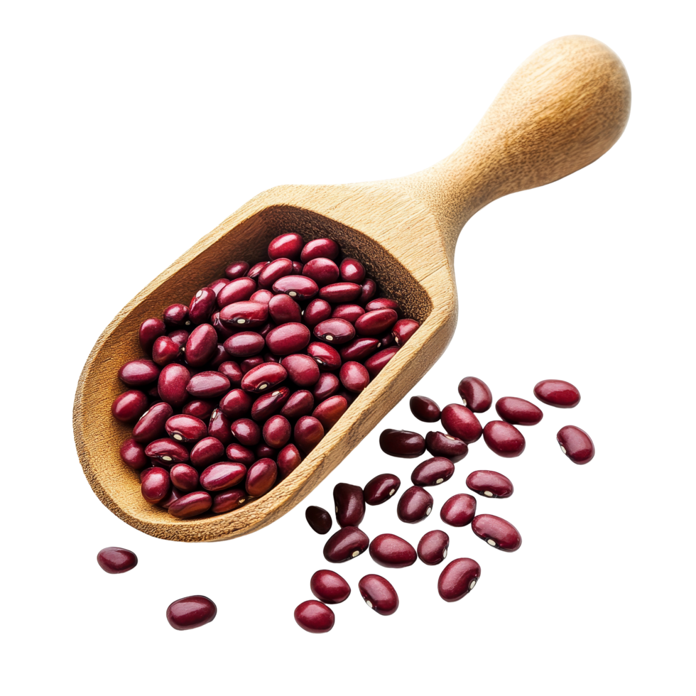 Fresh azuki bean seeds in a wooden scoop resting on a clear transparent surface, Azuki bean or red bean seeds in wood scoop on transparent background png