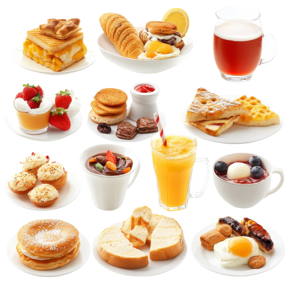 Delicious variety of breakfast foods and drinks arranged on a transparent background, Breakfast food and drinks isolated on transparent background png