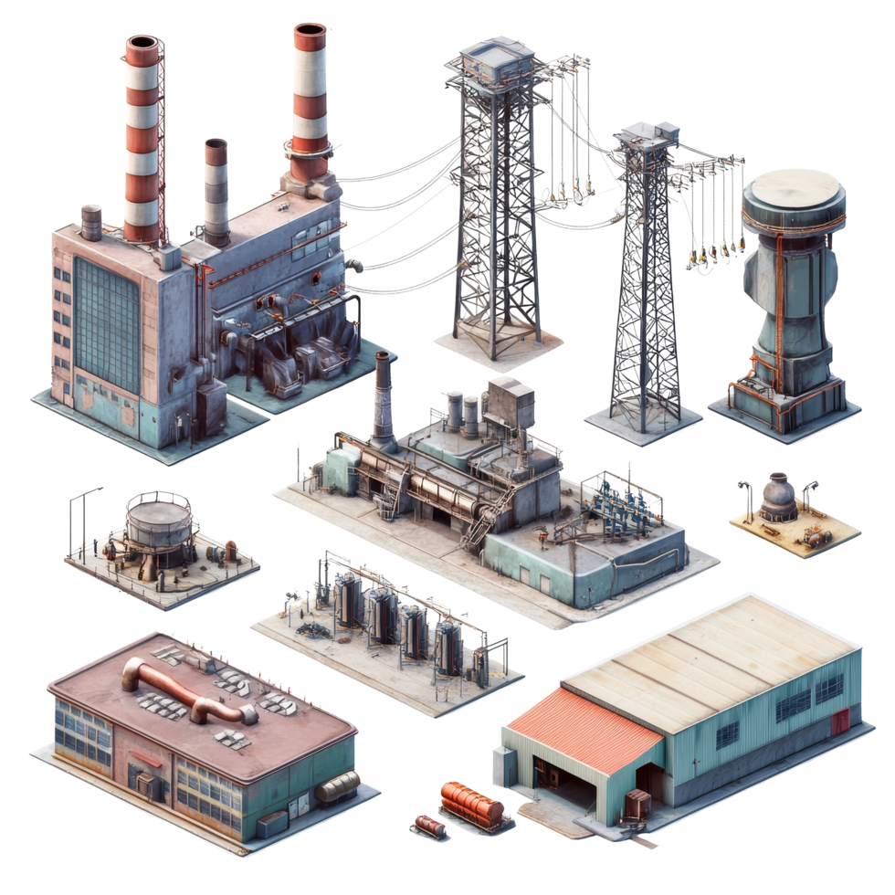 Local power generation units featuring cooling towers and transmission structures in an industrial area, Several elements and units that make up a local power station isolated on transparent png