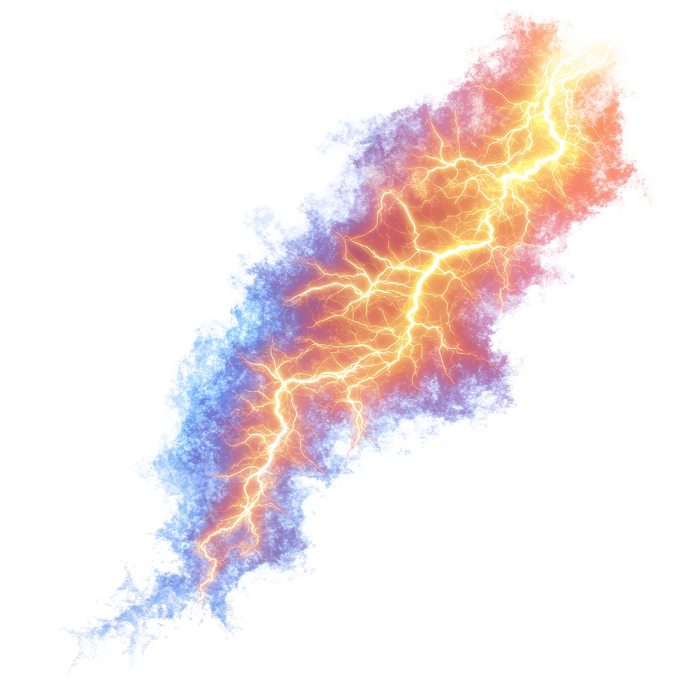 Vivid orange and blue electric lightning bolt striking against a stark transparent background, orange blue electric lightning isolated on transparent background png