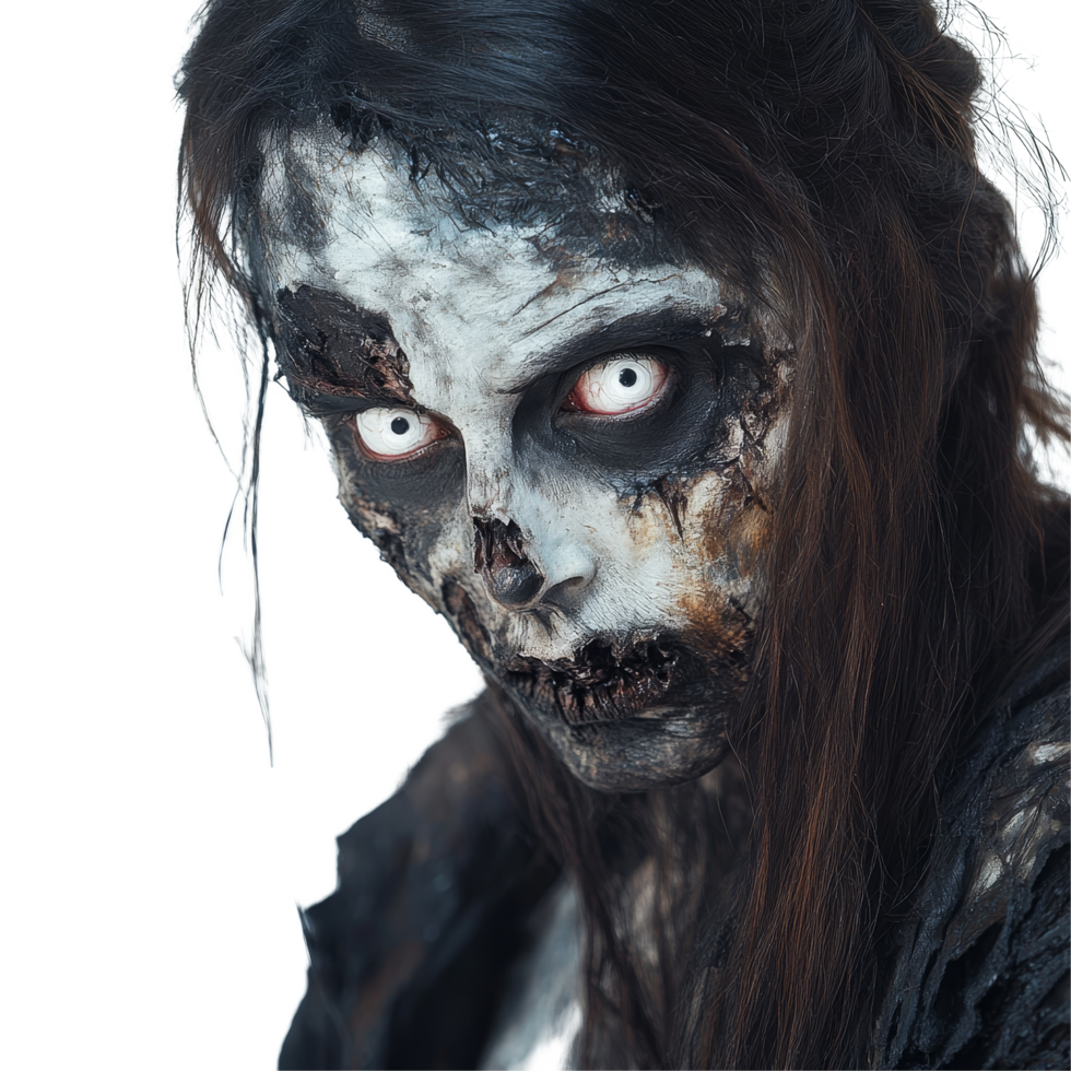 A captivating portrait of a female zombie with haunting transparent eyes against a stark transparent background, Portrait of a Female Zombie with transparent Eyes on transparent background png