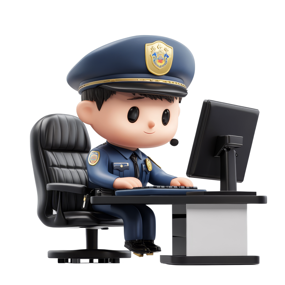Police officer character diligently working at a workstation in a bright setting, 3D Police Officer Character at Workstation on transparent background png