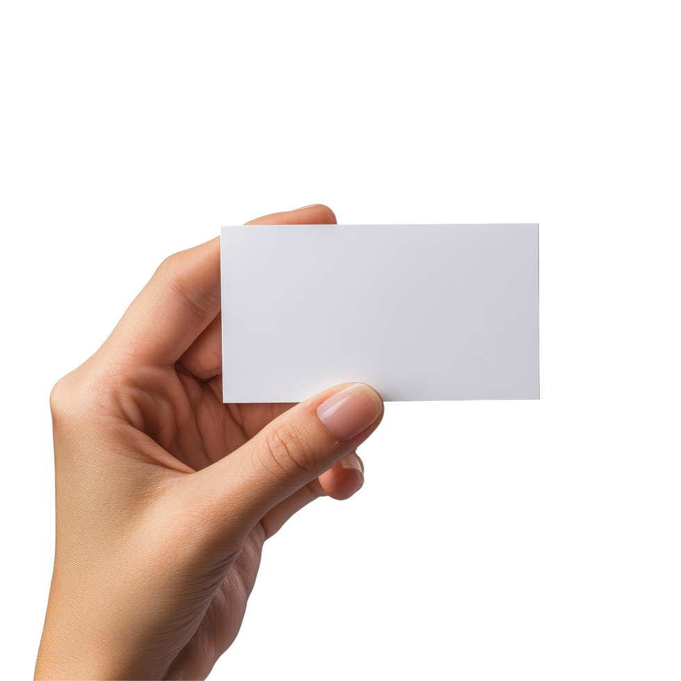 A hand holding a blank business card against a plain transparent background for professional branding ideas, hand holding blank business name card on transparent backgroundfile png