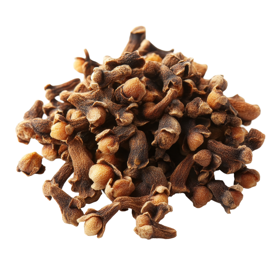Dry clove spices scattered on a transparent background showcasing their rich texture and distinct color, Dry clove isolated on transparent background png