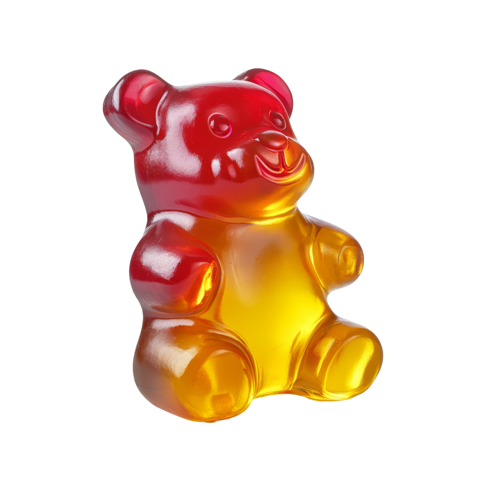 Vibrant gummy bear on a transparent background, showcasing its glossy texture and cheerful expression, gummy bearisolated transparent background png