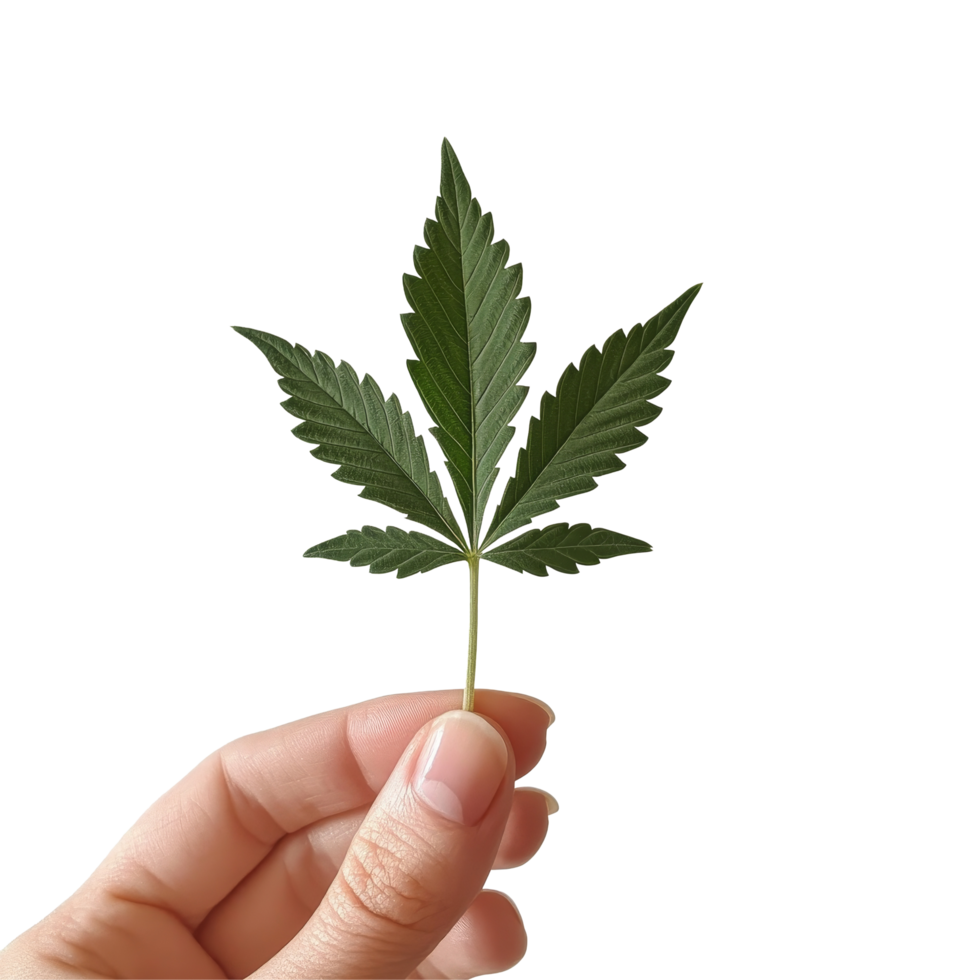 A person holding a vibrant cannabis leaf against a clean transparent background in natural light, Holding cannabis or hemp leaf on a transparent background png