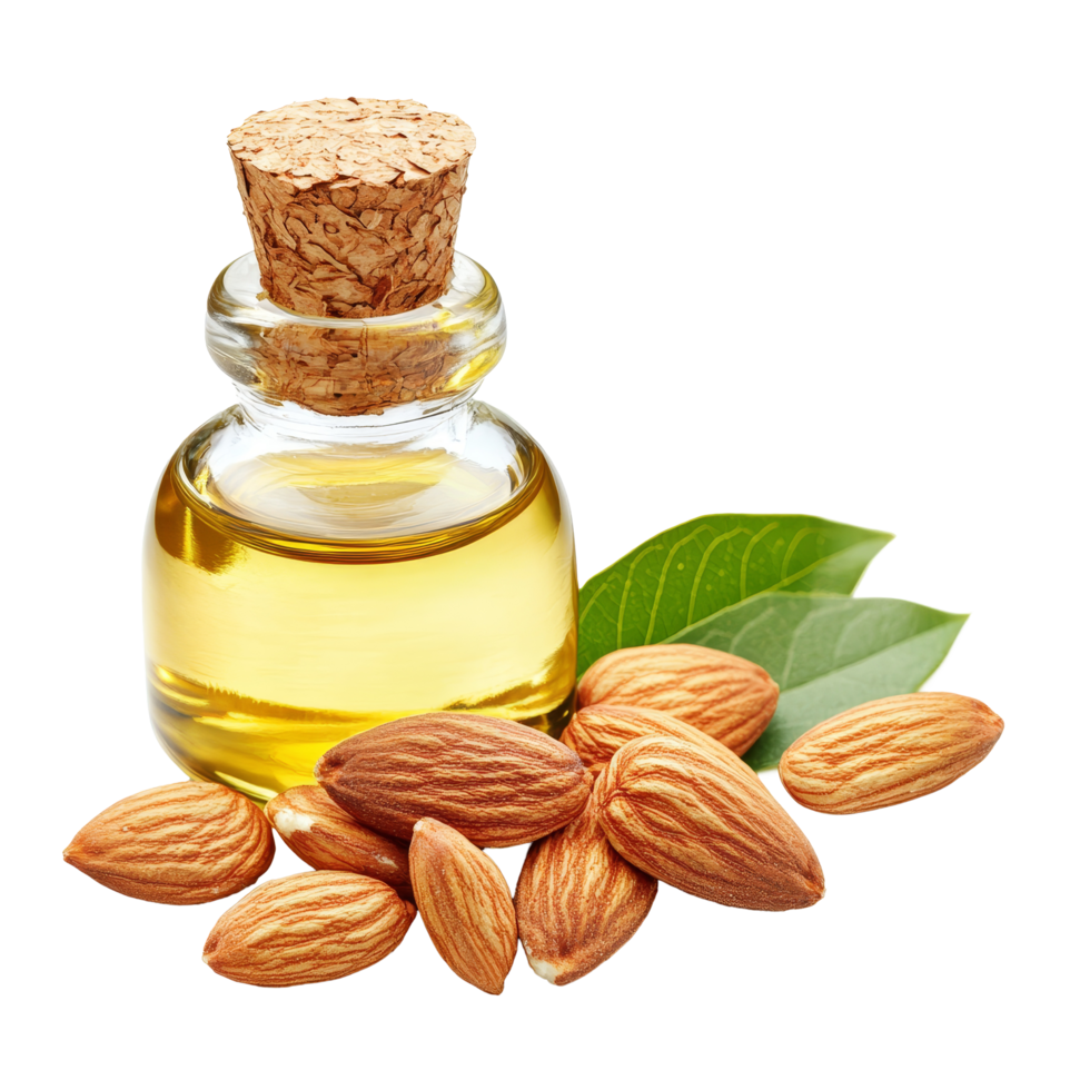 Almond oil bottle with fresh almonds and green leaves on a light background, Almond oil and almonds nuts isolated png