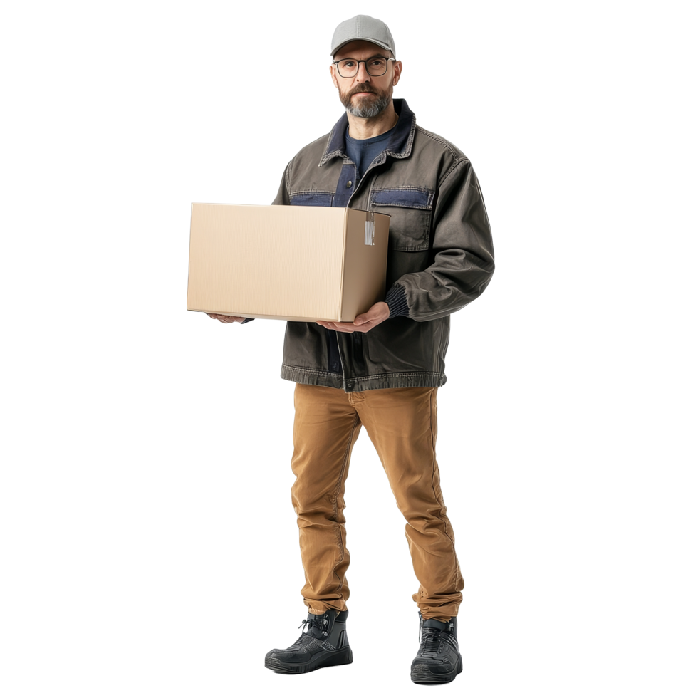 Delivery man holding a package stands in front of a plain transparent background with a confident expression, Delivery Man with Package Isolated on transparent background png