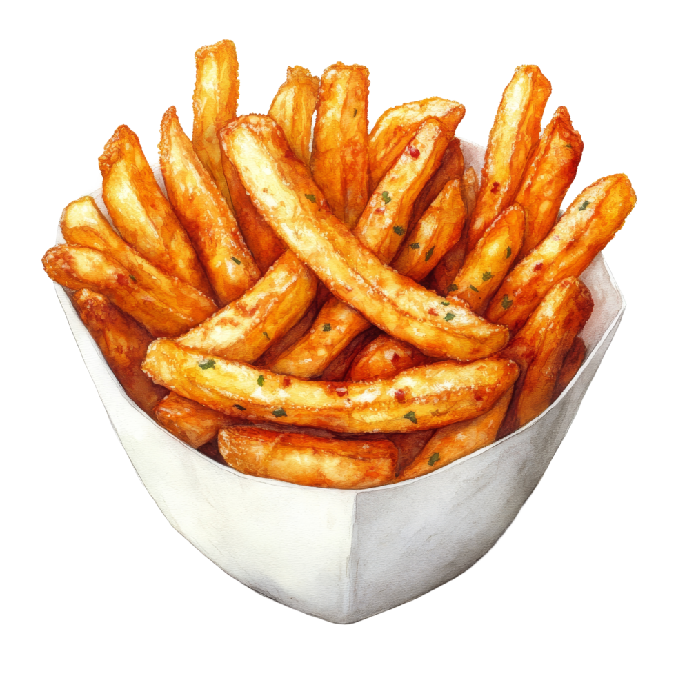 Crispy golden French fries served in a simple transparent container on a clean transparent background, french fried on transparent backgroundfile png