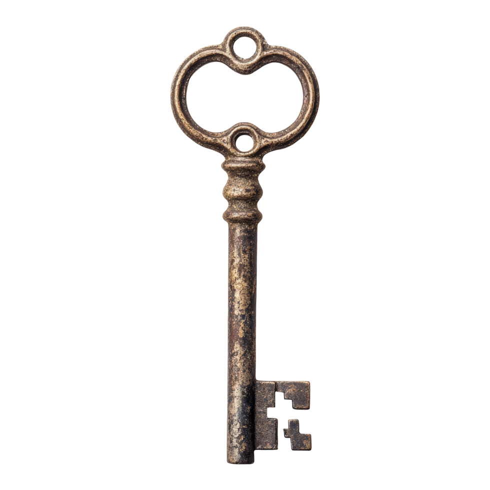 An antique vintage key resting on a clean transparent background, reflecting a sense of history and nostalgia, Vintage old key on a transparent background png