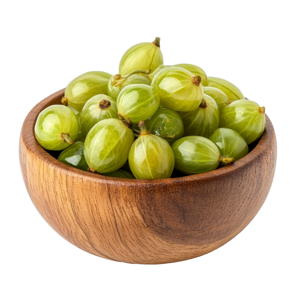 Fresh star gooseberries piled in a wooden bowl, ideal for healthy snacking or culinary use, Star gooseberry in wood bowl isolated on transparent background png