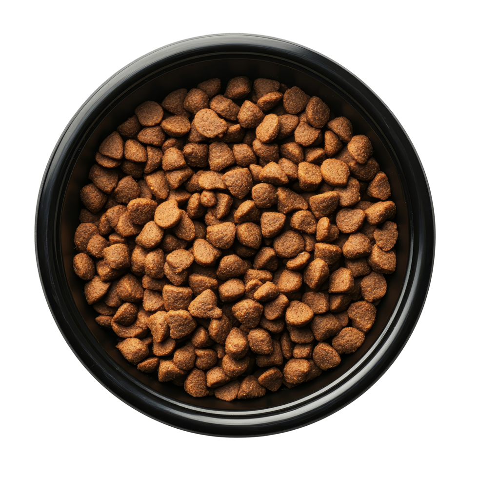 Closeup view of dry pet food in a black bowl on a transparent background, perfect for feeding cats or dogs, dog or cat food on black pet bowl top view isolated on transparent background png