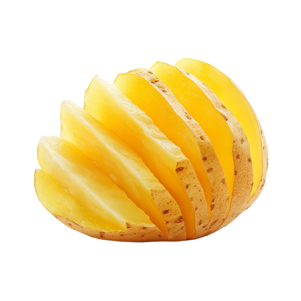Sliced raw potato showcasing its fresh, yellow flesh on a clean transparent background, Raw Potato Sliced isolated on transparent background png
