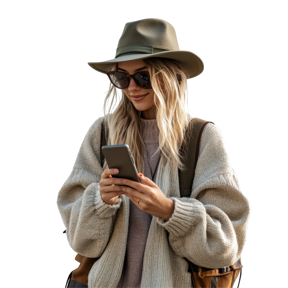 Young woman exploring a new destination while checking her phone in a cozy outfit and stylish hat, file no background Young woman traveling and using a smartphone png