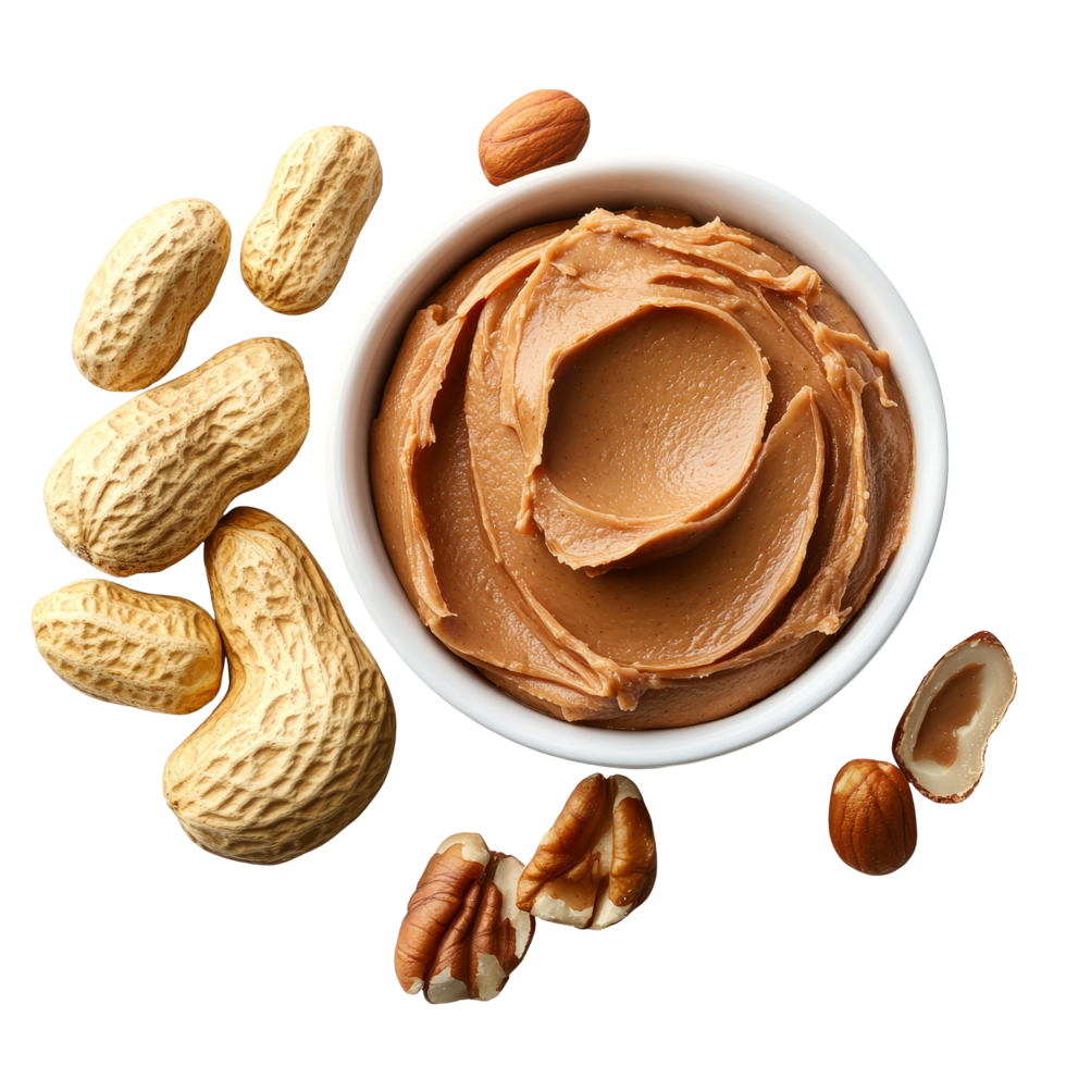 Delicious peanut butter spread surrounded by whole and shelled peanuts on a clean transparent background, Peanuts and peanut butter spread on transparent background clipping path included png