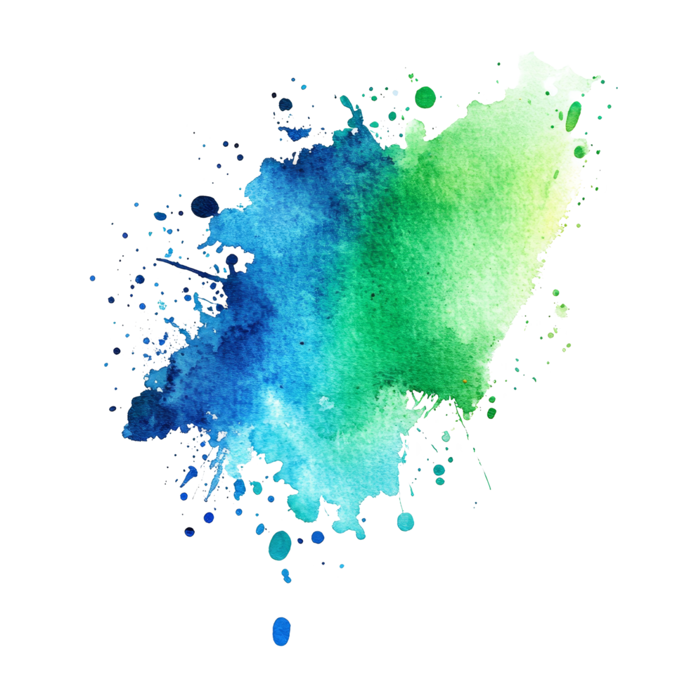 Vibrant green and blue watercolor paint splash creating an artistic and lively abstract effect on transparent background, green blue colored paint fleck splash isolated on transparent background png