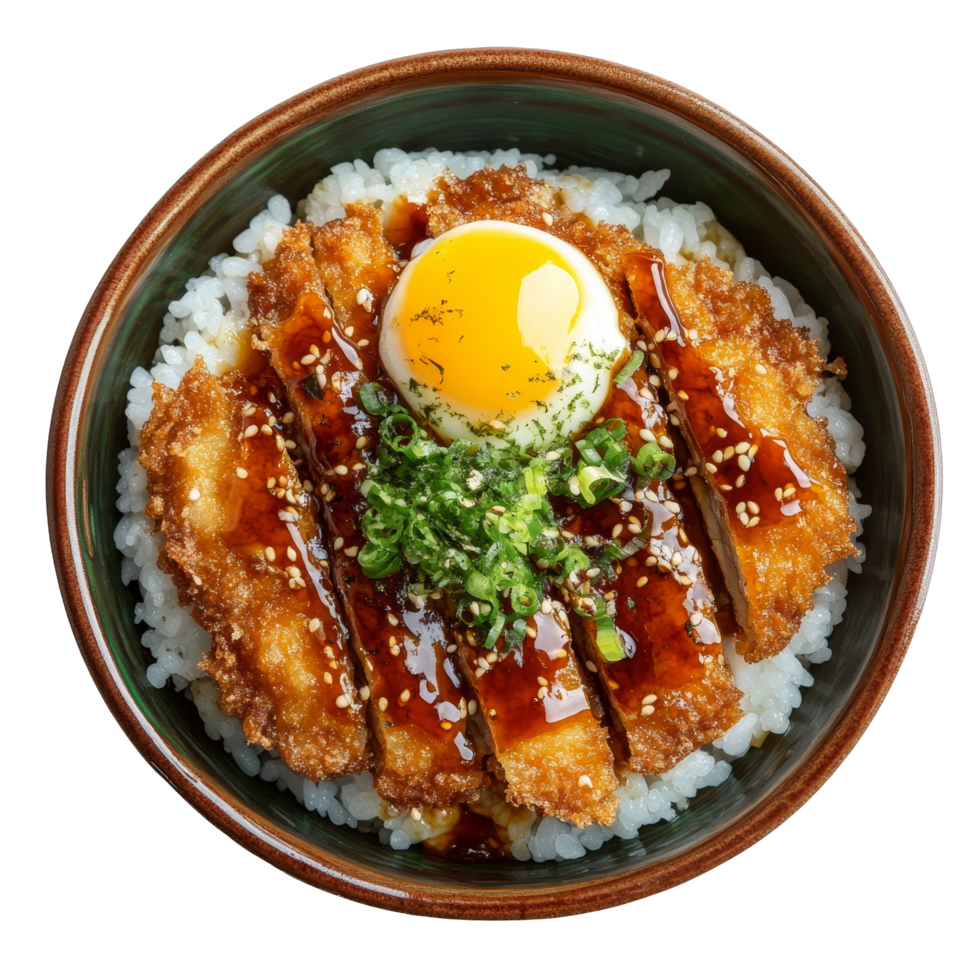Delicious katsudon served in a bowl with rice, pork cutlet, egg, and green onions on a transparent background, Katsudon japanese food Isolated transparent background png