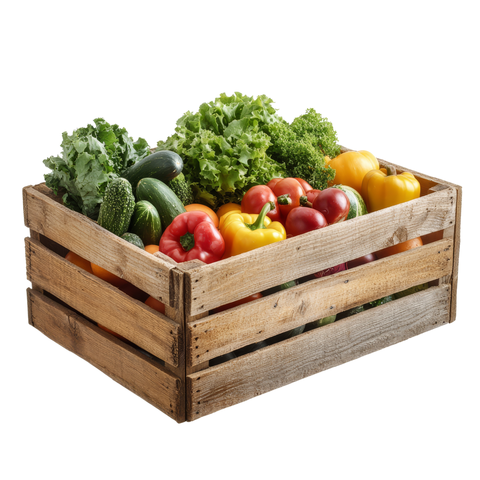 Fresh vegetables in a rustic wooden box displayed on a transparent background for a healthy lifestyle, wooden box with vegetables isolated on transparent background png