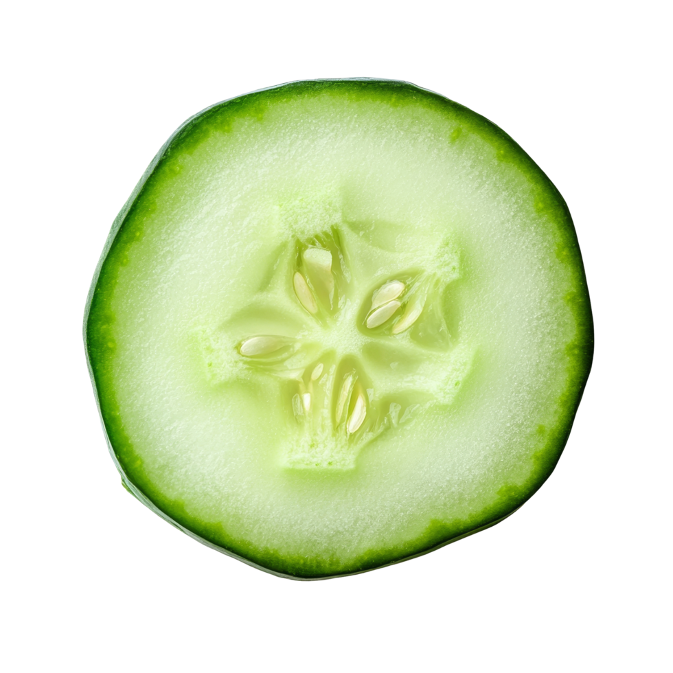 Freshly cut cucumber slice showcasing vibrant green color and juicy texture against a clean transparent backdrop, Fresh slice cucumber isolated on transparent background png