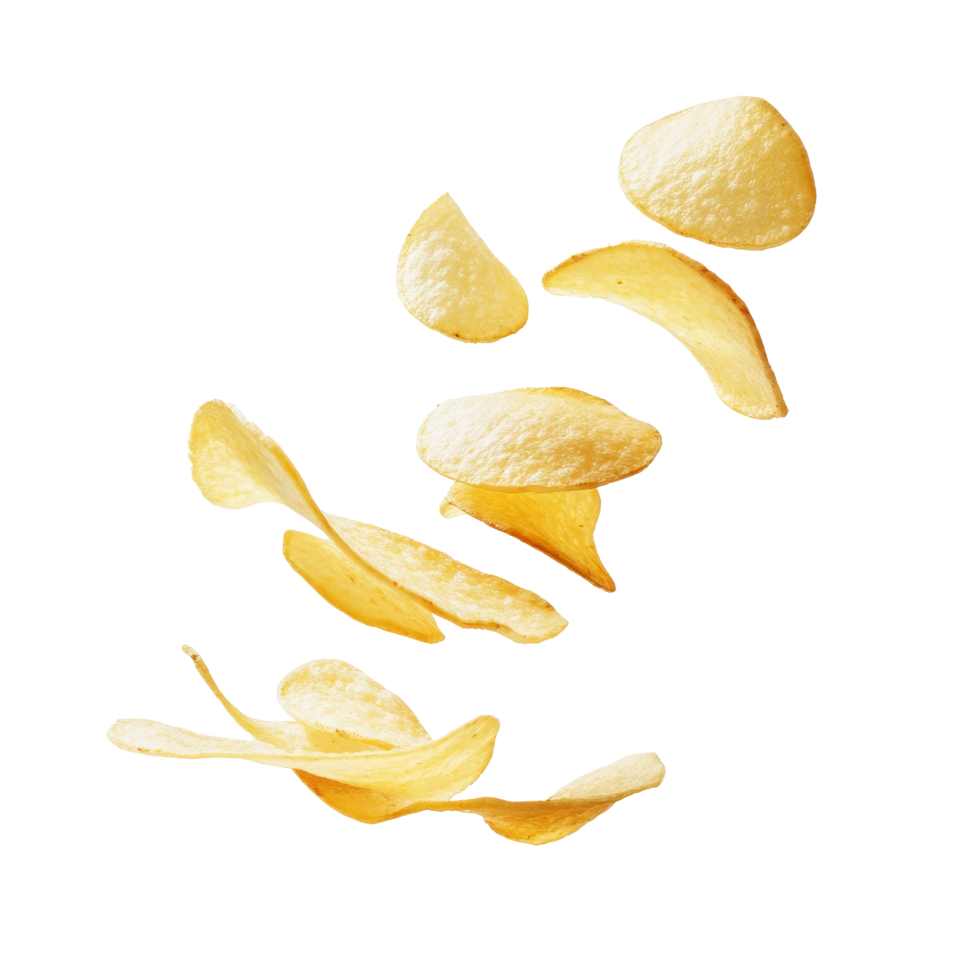 Floating potato slices transforming into crispy chips on a pure transparent background, Potato slices turning into chips isolated png