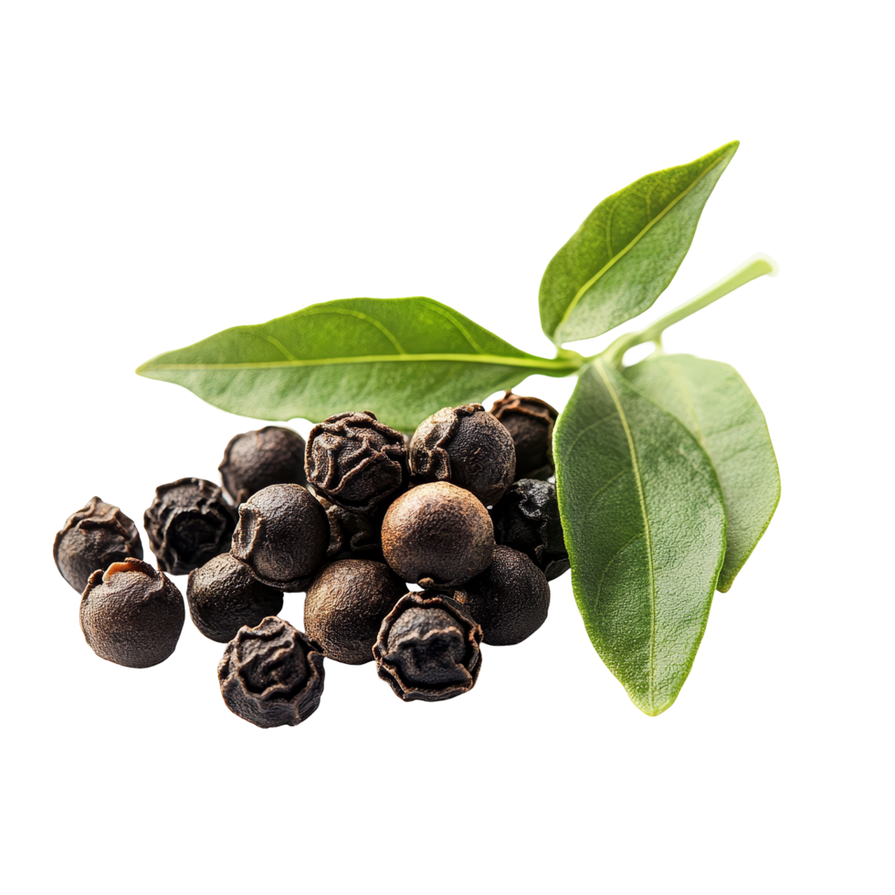 Fresh black peppercorns with green leaves isolated on a clean transparent background for culinary use and presentation, peppercorns with leaf isolated on transparent background png