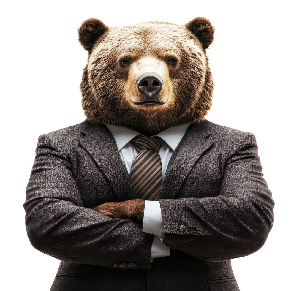 Confident bear executive showcasing leadership qualities in a sharp suit against a bright backdrop, Confident Bear Executive Portraying Leadership On transparent background png