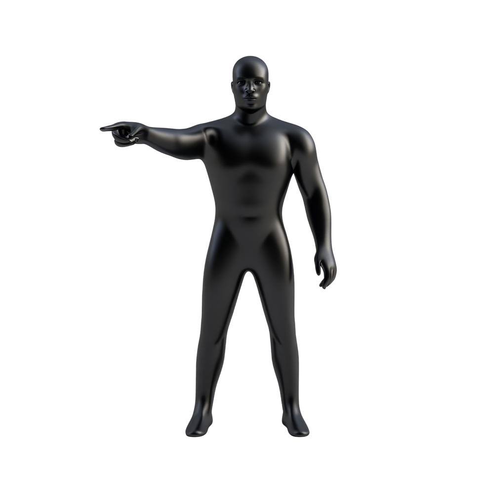 A minimalistic black figure pointing forward in an isolated setting with a clean background, pointing black man minimalistic simple 3d isolated on transparent background png