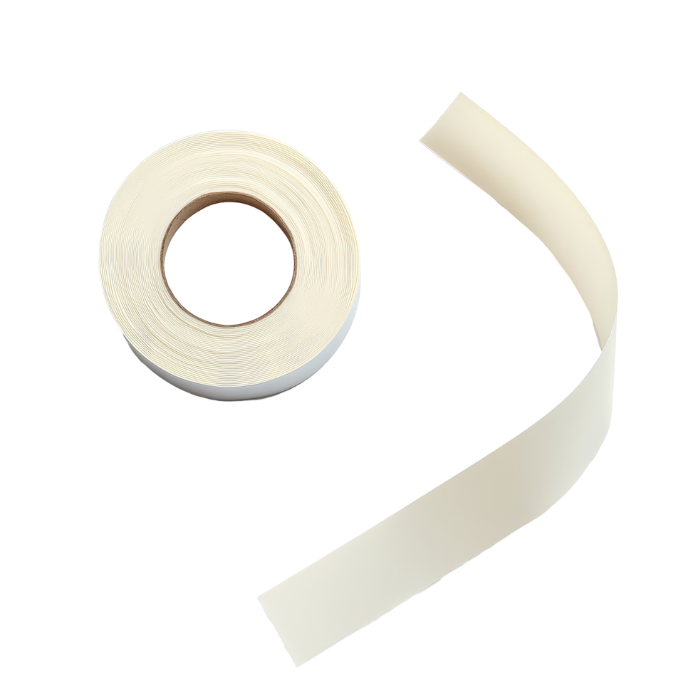 Clear sticky tape roll placed on a transparent background with a partially unrolled strip showing its smooth texture, transparent background sticky tape png