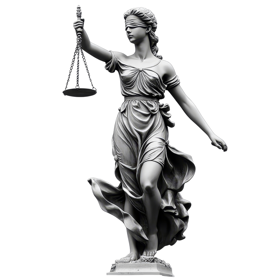 Lady of Justice standing strong with scales and a blindfold in a minimalist setting, Lady of Justice Emblematic Legal Figure on a transparent background png
