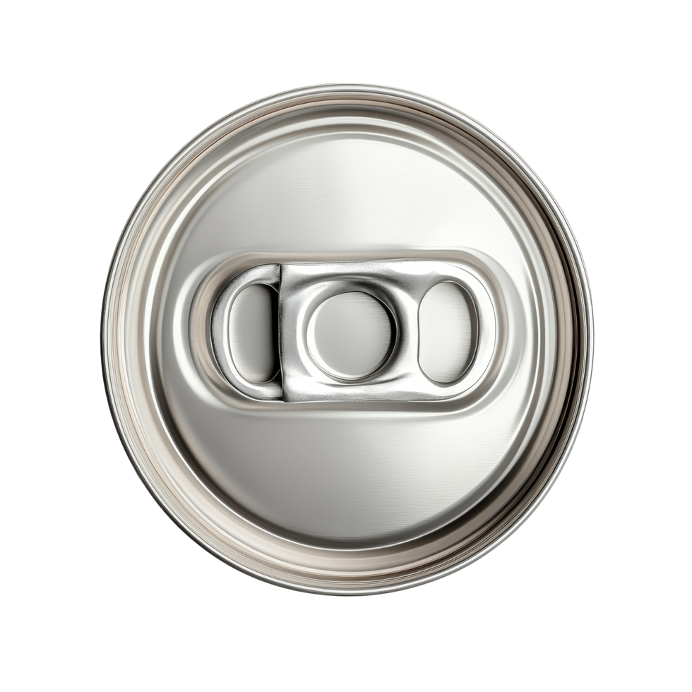 Oblong metallic can with ring pull viewed from the top, showcasing the pull tab and smooth surface design, Oblong can with ring pull on transparent background.top view isolated on transparent png