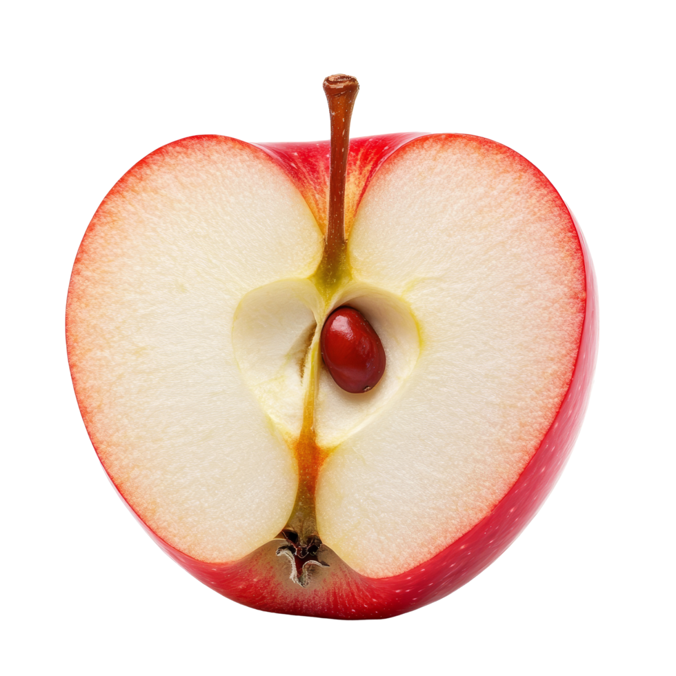 Half of a red apple fruit without seeds displayed on a clean transparent background, half red apple fruit without seed isolated on transparent background png