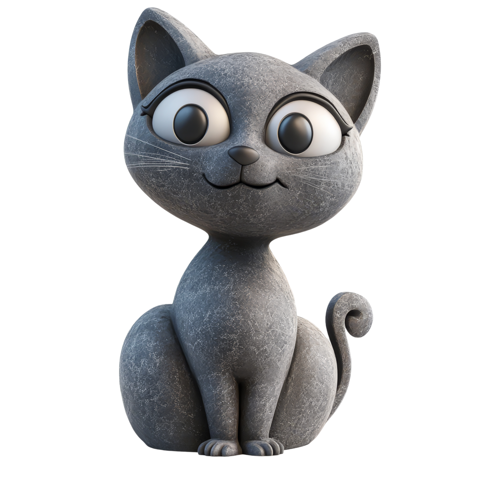 Playful grey stone cat statue in cartoon style sitting against a transparent background, Grey Stone Cat Statue in 3D Cartoon Style on transparent background png