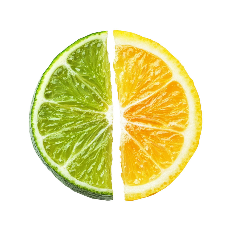 Fresh lemon and lime slices isolated on a clean transparent background, showcasing vibrant colors and textures, Slice of lemon and lime fruit isolated on transparent background png