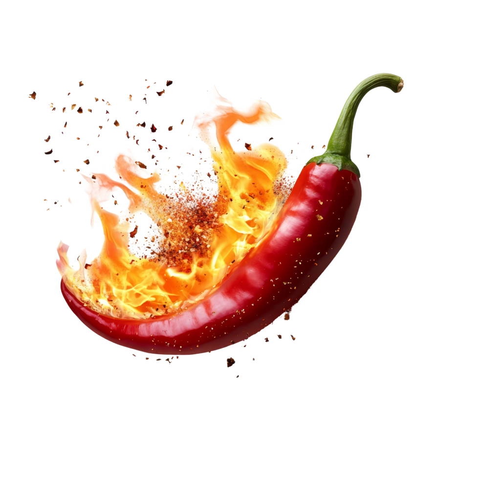Fiery red chili pepper bursts with flames and spice on a clean transparent background, Hot chili pepper with fire on a transparent background png