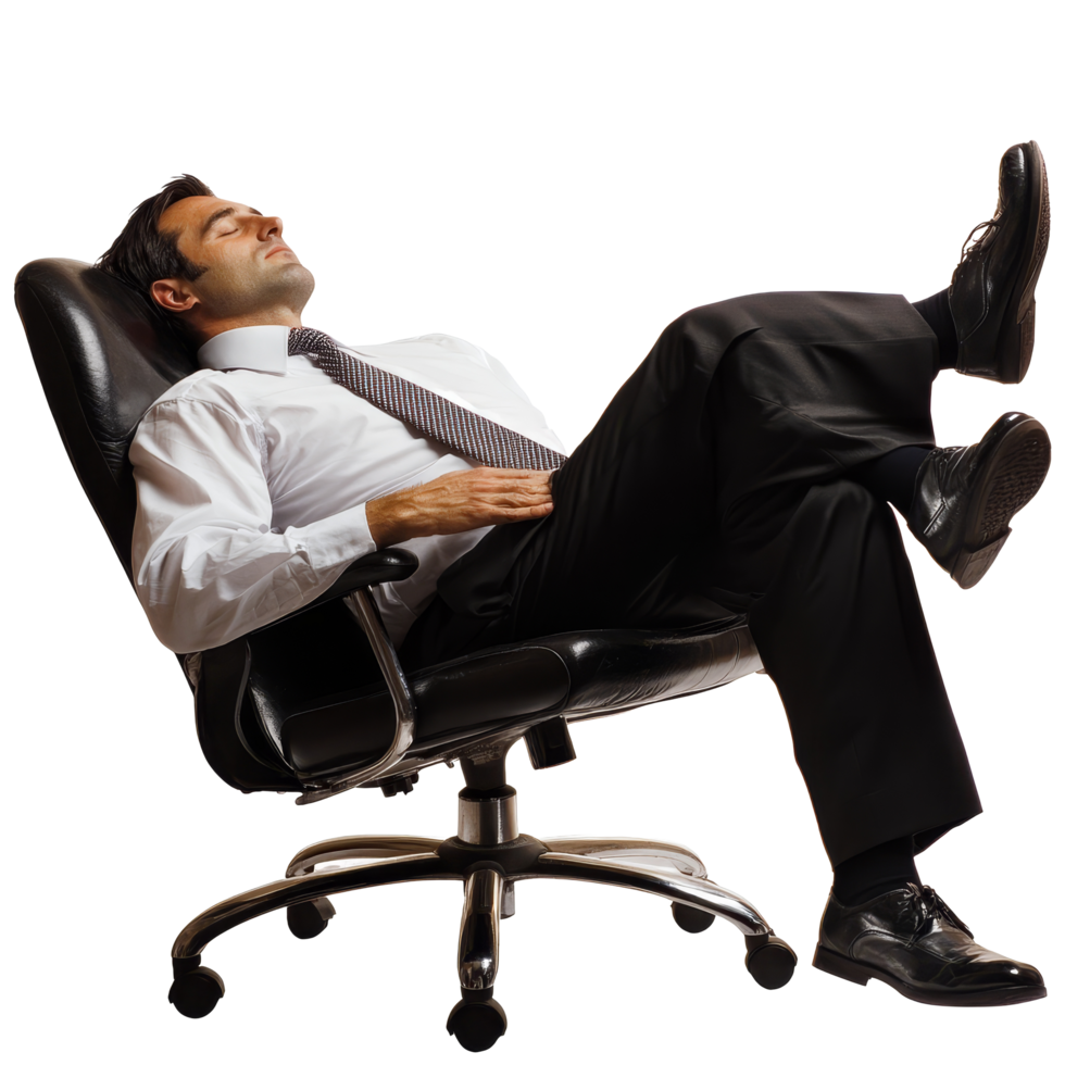 Corporate businessman taking a rest in a chair during the workday while wearing professional attire in a modern office setting, Corporate businessman sleeping on a chair file no background png