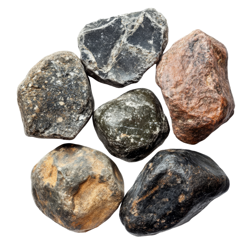 A collection of natural rocks isolated on a clean transparent background showcasing diverse textures and colors, of rocks isolated on transparent png