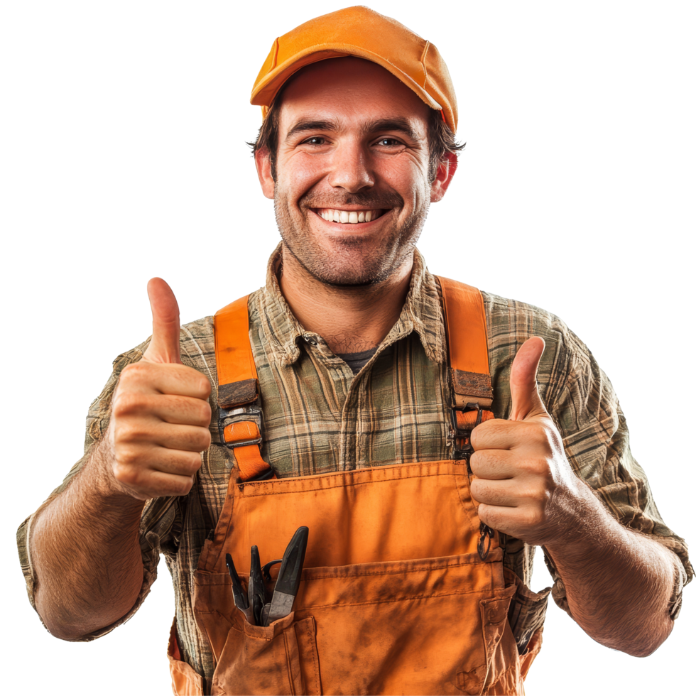 Smiling repairman in work attire giving a thumbs up to express satisfaction after completing a job, Smiling repairman giving a thumbs up png