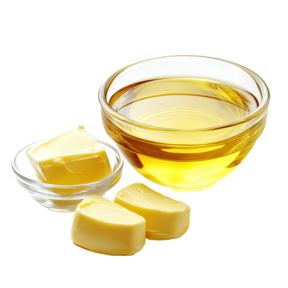 A clear bowl contains oil beside a dish of butter, emphasizing their unique textures and vibrant colors, Butter, margarine and oil isolated png
