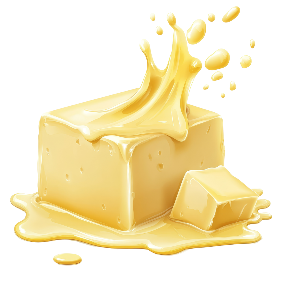 Cube of butter melting and splattering on a transparent background, showcasing rich texture and creamy color in a delicious display, Cube butter melting isolated on transparent background Stock png