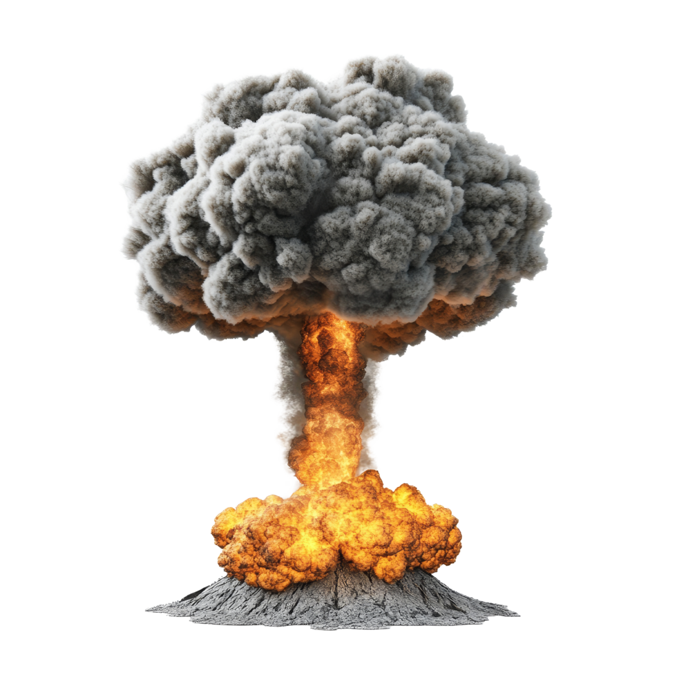 Nuclear explosion with a massive mushroom cloud rising above the ground during a test in a remote location, Nuclear explosion and mushroom cloud isolated on transparent background png