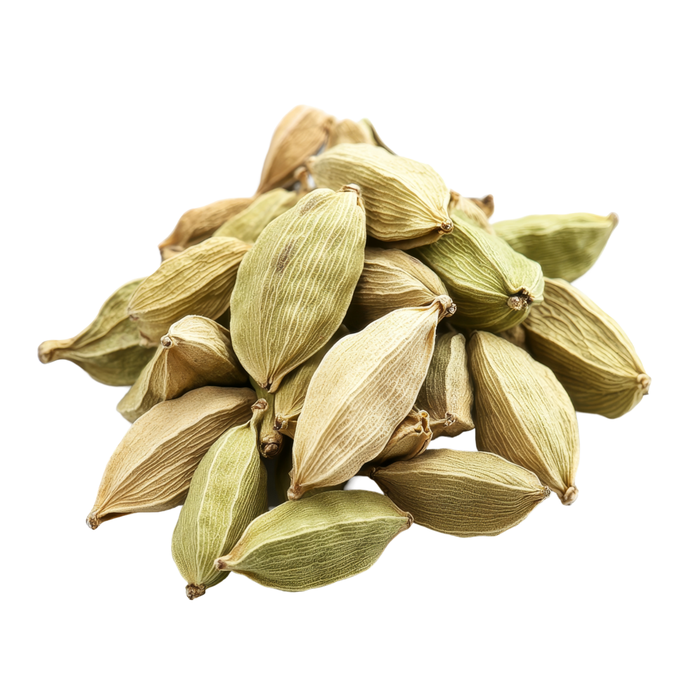 Closeup of green cardamom pods isolated against a clean transparent background for culinary and herbal uses, cardamom isolated transparent background png
