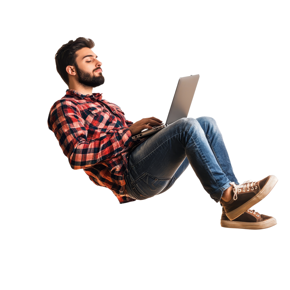 Young man floating in midair while using a laptop in a creative digital workspace during the day, Young Man Floating in the Air Using Laptop, Full Body Isolated on transparent background png